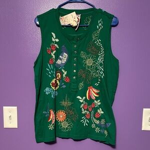 Johnny Was Emerald Embroidered Sleeveless Top